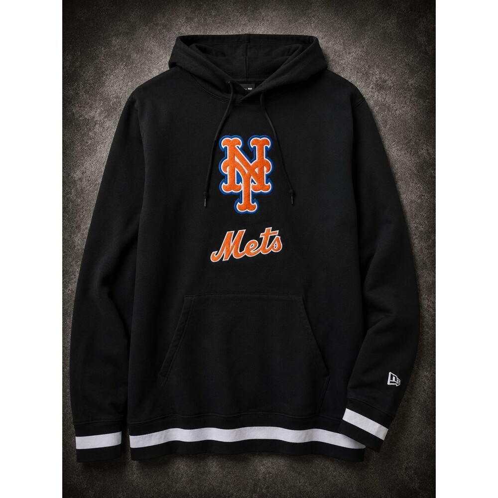 New York Mets New Era Chenille Logo Black MLB Baseball Pullover Hoodie Mens XL